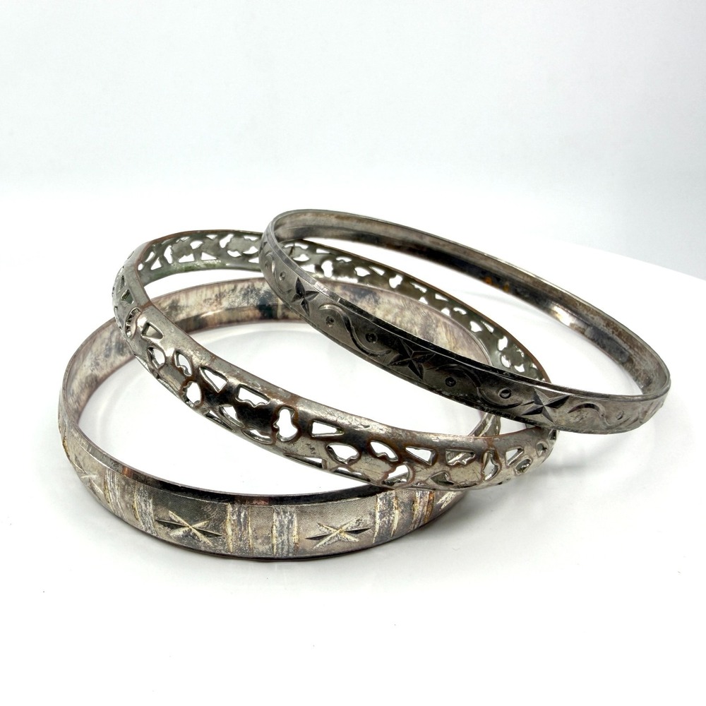 Vintage Silver Tone Etched Bangle Stack Boho Jewelry Set Gift